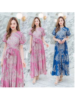 kudapy เดรสยาวสีชมพู/สีกรม กระโปรงอัดพลีทลายโรมัน+เชือก