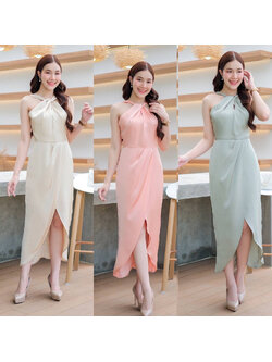 kudapy เดรสยาวชมพูโอรส/สีเขียว/สีครีม คล้องคอ+โบว์เพชร กระโปรงทรงทิวลิป มีซับกระโปรงสั้นด้านใน