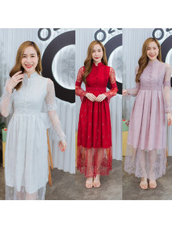 kudapy เดรสยาวสีแดง/สีชมพู/สีขาว คอจีนแขนลูกไม้ซีทรู สวยดูดีน่าารัก