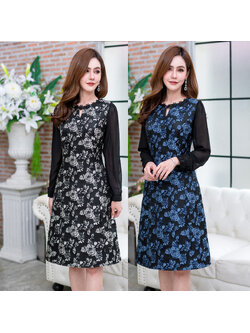 kudapy เดรสสั้นคอกลมลายดอกกุหลาบสีดำกรมท่า,สีเทาดำ แขนยางชีฟองใส่สบาย ทรงสวย