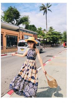 kudapy แมกซี่เดรส ผ้าชีฟองเนื้อดี พิมพ์ลายตามแบบโทนสีครีมน้ำเงิน