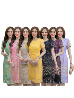 kudapy ชุดเดรสทรงสอบงานผ้าซาร่าพิมพ์ลายไทย คอกลม งานมีซับใน ชิปซ่อนหลัง (สีม่วงพาสเทล/สีเขียวพาสเทล/ สีชมพู/ สีเหลือง/สีดำ/ สีครีม/ สีมังคุด)