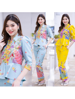 kudapy ชุดเซ็ทเสื้อ+กางเกง ปาเต๊ะ ผ้าคอตตอนพิมพ์ลายสีสดใส ลายสวย ผ้าไม่บางใส ไม่เห็นชั้นใน สีไม่ตก ผ้าไม่ยืดไม่หด