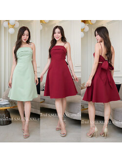 kudapy เดรสสั้นสีแดง/สีชาเขียว สายเดี่ยวกระโปรงบานแต่งผูกโบว์หลัง งานไฮมีซับใน งานสวยมากๆค่ะ ใส่แล้วดูคุณหนู ออกงานมินิมอลเรียบหรูดูแพง