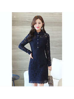 kudapy เดรสสั้นสีน้ำเงินเข้ม ผ้าลูกไม้ คอปก แขนยาว ชุดทรงปล่อย เรียบ สวย ดูดี