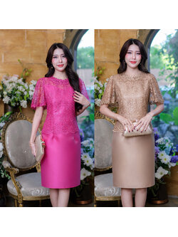 kudapy เดรสสั้นสีน้ำตาลทอง/สีชมพูบานเย็น ผ้าไหม ตัวเสื้อเป็นงานลูกไม้ใยบวบปักลาย ดีไซน์แขนสั้นระบายเป็นพวง