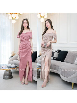 kudapy เดรสยาวสีชมพู/สีโอวัลตีน ปาดไหล่มีแขน จับจีบผ่าข้าง ผ้าเครปซาตินเนื้อดีมีซับใน เดรสออกงาน