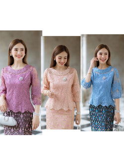 kudapy (เฉพาะเสื้อ) เสื้อลูกไม้ฝรั่งเศษแขนบอลลูน สีม่วง/สีฟ้า/สีชมพู คอกลม แขนสาวมส่วนทรงบอลลูนน่ารักมาก