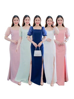 kudapy เดรสยาวสีน้ำเงิน/สีขาว/สีชมพูเข้ม/สีชมพูอ่อน/สีเขียวอ่อน/สีครีม เดรสยาวผ้าไหมซาติน แขนตุ๊กตาสั้นคอลูก ใส่เปิดไหล่ สวยดูดี เดรสออกงาน