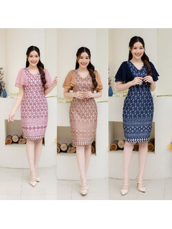 kudapy เดรสสั้นสีชมพู/สีน้ำตาล/สีกรม ผ้าไทยแขนระบาย ผ้าพิมพ์ลายไทย
