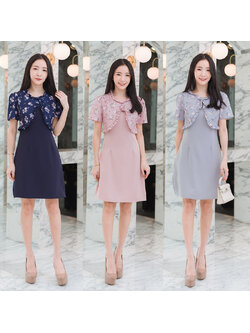 kudapy เดรสสั้นทำงาน แขนพิมพ์ลายสีกรม/สีชมพู/สีเทา คอระบายเสื้อลายดอกไม้