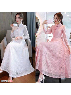 kudapy แม็กซี่เดรสแขนยาวสีชมพู/สีขาว คอจีนหยัก ผูกโบว์ ผ้าลูกไม้เนื้อดีทั้งชุด มีซับใน เอวยืดสม้อคหลัง