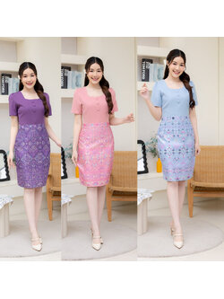 kudapy เดรสสั้นสีฟ้า/สีชมพู/สีม่วง คอเหลี่ยมกระโปรงลายไทย