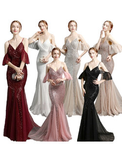 kudapy ชุดราตรียาวสีชมพู,สีดำ,สีครีมเทา,สีชมพูโรสโกลด์,สีแดง,สีขาวมุก ใส่ออกงาน สายเดี่ยวเกาะแขนเนื้อผ้าปักเลื่อม ผ้ายืดเข้ารูปตามตัว