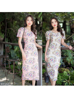 kudapy เดรสยาวสีชมพู/สีครีม แขนตุ๊กตากระดุมมุก สวยดูดี