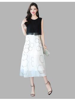 เดรสยาว แขนกุด เสื้อผ้าชีฟองสีดำ 2 ชั้น กระโปรงผ้าไหมแก้ว organza สีขาว พิมพ์ลายรูปหกเหลี่ยมสีดำ