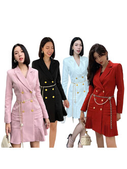 kudapy เดรสสูทกระดุมทองคอปก แขนยาว สีแดง สีชมพู สีดำ สีขาว งานสวยเรียบหรู เพิ่มความน่ารักด้วยเข็มขัด งานหนาอยู่ทรง รับประกันงานสวยจริงค่ะ