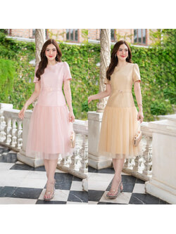 kudapy เดรสสั้นสีทอง/สีพิ้งโกล์ด ผ้าจิตลดา ตัวผ้าไหมจิตลดาอัดกาวทั้งชุด ทรงบานทรงเจ้าหญิง กระโปรงแต่งชีฟองด้านล่าง คอกลมแขนสั้นจับจีบ
