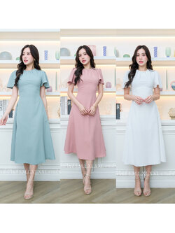 kudapy เดรสสั้นคอกลมสีชมพู/สีขาว/สีเขียวมิ้น แขนสั้นระบาย กระโปรงคลุมเข่า แนวเรียบหรู ชุดไปงานแต่ง