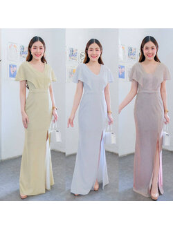 kudapy เดรสยาวผ้า glitter คอวี แขนค้างคาว (ค้างคาว) กระโปรงหางปลาผ่าหน้า