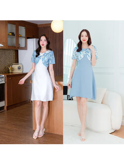 kudapy เดรสสั้นสีแดง/สีฟ้า ผ้าแจ็คการ์ดคอปก ใส่สบายสวยดูดีน่ารัก