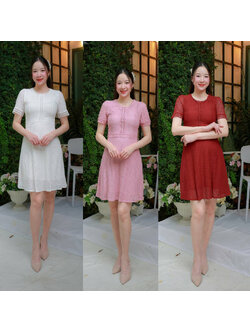 kudapy เดรสสั้นสีสีแดง ชมพู ขาว ผ้าลูกไม้ลายปัก ใส่สวยดูดี