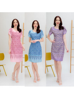 kudapy เดรสสั้นสีฟ้า/สีชมพู/สีม่วง ผ้าลายไทยแขนกลีบบัว