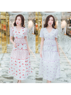 kudapy เดรสยาวสีแดง/สีม่วง กระโปรงพลิ้วลายดอกลายดอกแขนสั้นคอวีสวยดูดี