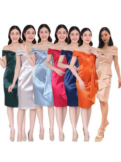 kudapy เดรสสั้นเปิดบ่าทวิชอก กระโปรงสอบ แต่งจีบสะโพก ซิปหลังใส่ง่าย เนื้อผ้าดัชเชสอัดกาว