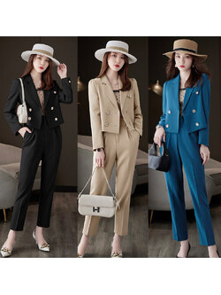 kudapy ชุดสูททำงานผู้หญิงสีดำ/สีน้ำตาล/สีน้ำเงิน แต่งกระดุมทรงสั้นพร้อมกางเกง