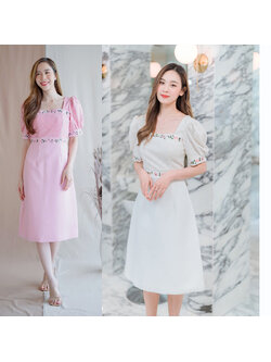 kudapy เดรสสั้นสี/ขาว/สีชมพู คอเหลี่ยม ทรงดินสอผ่าหลังลายดอกไม้