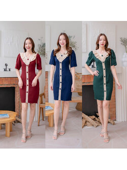 kudapy เดรสสั้นสีกรม/สีแดง/สีเขียว สีพื้นรูปหัวใจคอบัวแต่งกระดุม6ชิ้น คอวีแต่งระบายปก