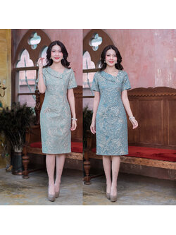 kudapy เดรสผ้า jacquard ทอลาย 3D เป็นลายนูนไหมสีทองอ่อน ผ้าลายสวยมากออกสไตล์ไทย