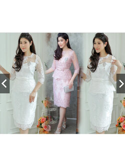 kudapy เซทแยก 2ชิ้น เสื้อลูกไม้+กระโปรง สีขาว/สีชมพู เสื้อลูกไม้แขนสามส่วนแขนมีซับผ้ามุ้ง คอกลมแขนและไหล่ซีทรู เอวเสื้อเย็บคาดเข็มขัดโบว์