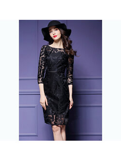 kudapyเดรสสั้นสีดำ ออกงาน ผ้าเกาหลี ผ้าโปร่งปักแขนยาวลายดอกไม้