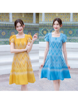 kudapy เดรสสั้นสีฟ้า/สีเหลือง ผ้าทอแขนกลีบบัว ผ้าลายไหย ใส่ทำงานสวยดูดี