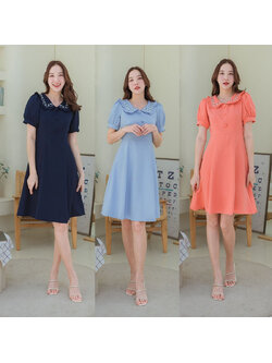 kudapy เดรสสั้นสีฟ้า/สีส้ม/สีกรม ปกคอปักทรงบาน