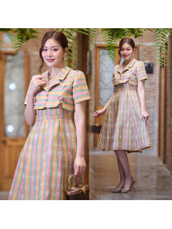kudapy ชุดเดรสผ้าไหมไทยทอลายขวาง ใส่ออกงาน สีเหลืองตัดชมพู