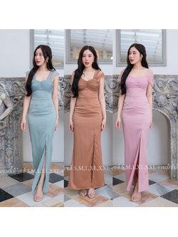kudapyเดรสยาวสีชมพู/สีน้ำตาล/สีเขียวมิ้นท์ งานผ้าเครปซาตินแต่งสายเดี่ยวมุ้ง จะใส่ปิดต้นแขนหรือทำเป็นสายเดี่ยวก็สวย งานมีซับในซิปหลัง ทรงสวย