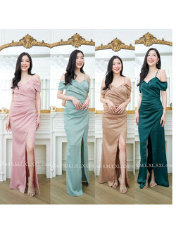 kudapyเดรสยาวสีเขียวแก่/สีชมพู/สีน้ำตาล/สีมิ้น ราตรี ปิดต้นแขนเก็บทรงสวย งานซับในทั้งชุด มีซิปด้านหลัง เนื้อผ้าเครปซาตินสวยหรู ออกงานไฮสุดๆ
