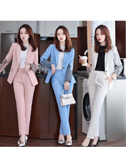 kudapy ชุดสูททำงานผู้หญิงสีฟ้า/สีขาว/สีชมพู แต่งลูกไม้แขนยาวพร้อมกางเกง