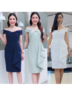 kudapy เดรสสั้นสีขาว/สีเขียว/สีกรม ทรงสอบ เปิดบ่าจับทวิช ช่วงอก จีบระบายสะโพก กระโปรงสอบทรงดินสอ เก็บทรง ผ่าหลังเดินง่าย ซิปหลังยาว