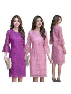 kudapy เดรสลูกไม้เนื้อเงาแขนสามส่วน สีม่วง สีชมพู ปลายแขนระบาย คอเสื้อแต่งเลื่อมเพิ่มความหรูหรา ผ้าสวยเกรดดี มีซับในทั้งชุด แต่งซิปหลัง