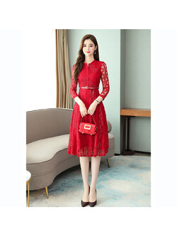 kudapy เดรสสั้นสีแดง ผ้าลูกไม้แนวซีทรู คอจีน แขนยาว กระโปรงทรงเอสวยใส่สบายดูดี