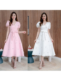 kudapy เดรสยาวสีขาว/สีชมพู แขนตุ๊กตาแต่งกระดุม