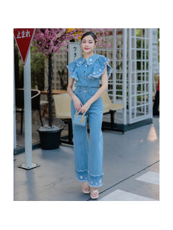 kudapy ชุดเซตยีนส์ 2 ชิ้น งานปักดอกไม้ ผ้ายีนส์เนื้อดี ใส่สบาย สียีนส์อ่อน