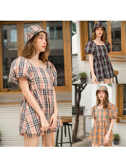 kudapyเซ็ทขาสั้นสีครีม/ดำ/น้ำตาล สุดชิค กับผ้าลาย burburry minidress ใส่แมชกับหมวก และขาสั้น บอกเลยว่า ปัง