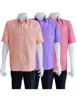 kudapy เสื้อผ้าไหมคอปก สีชมพู,สีม่วง,สีโอรส เสื้อผ้าไทยผู้ชาย ผ่าหน้า แขนสั้น มีกระเป๋าด้านซ้ายบน (อัดผ้ากาว มีฟองน้ำเสริมไหล่)