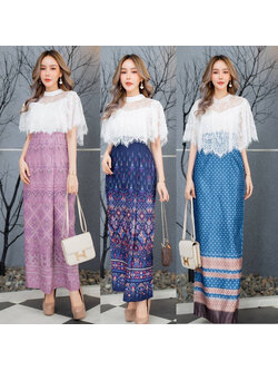 kudapy เซตเสื้อลูกไม้ขาว+ผ้าถุงลายไทยพิมพ์ลาย สีชมพู สีกรมท่า สีฟ้าน้ำทะเล สวยเรียบหรู ดูแพงมาก ดีไซส์น่ารักๆๆใส่ได้ทุกโอกาส