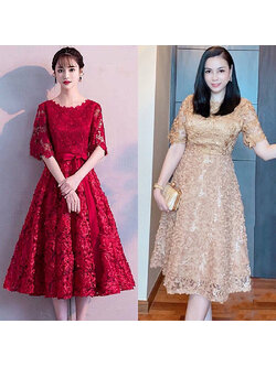 kudapy ชุดเดรสสั้นออกงานสีไวนืแดง/สีน้ำตาลทอง ปักดิ้นทองเลื่อมตามแบบ งานปักผ้าลายดอกไม้ 3D